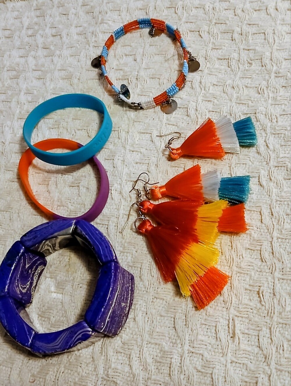 Colorful Tassel Earrings and Mixed Bracelets Set - Orange, Blue, Purple
